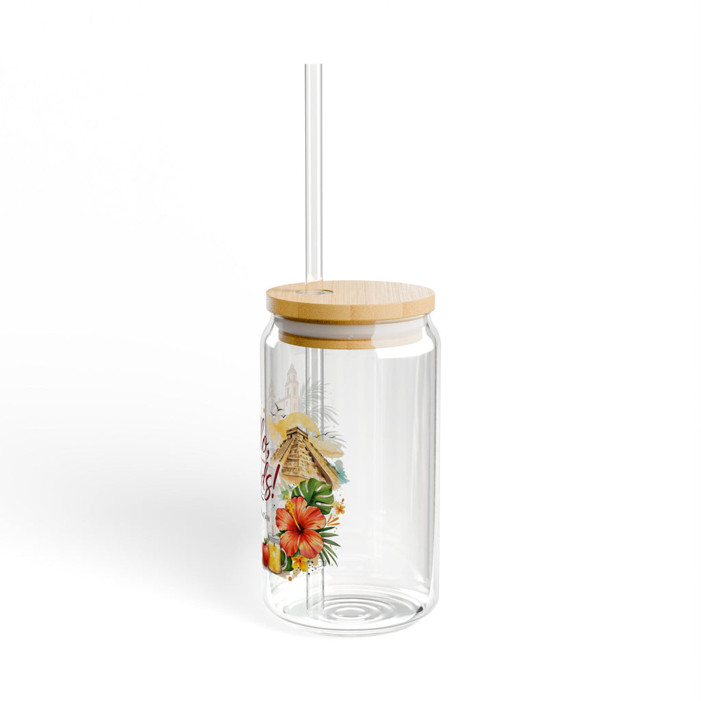 Sipper Glass - Hello, Friends! Tropical Vacation 16oz Travel Tumbler with Bamboo Lid & Straw