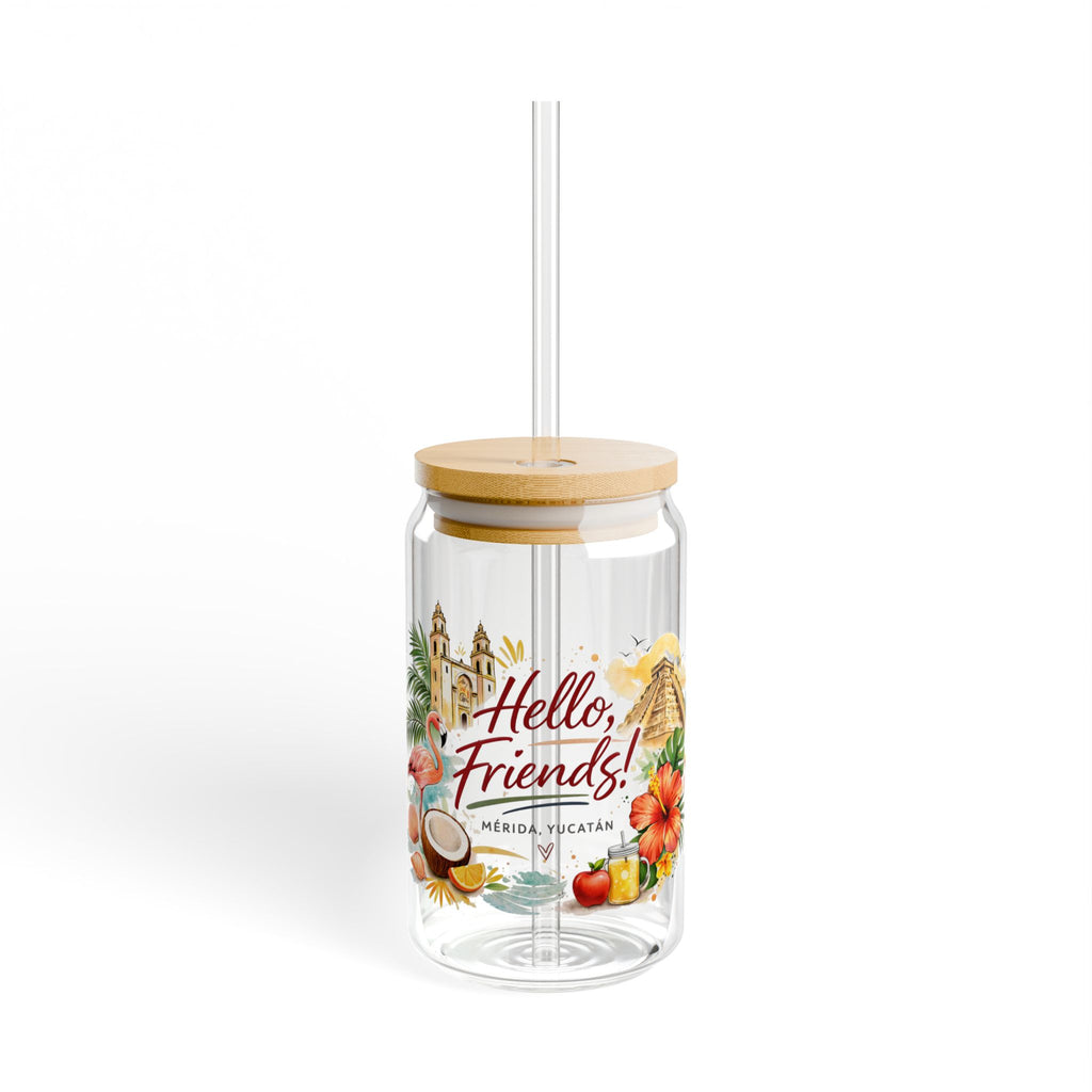 Sipper Glass - Hello, Friends! Tropical Vacation 16oz Travel Tumbler with Bamboo Lid & Straw