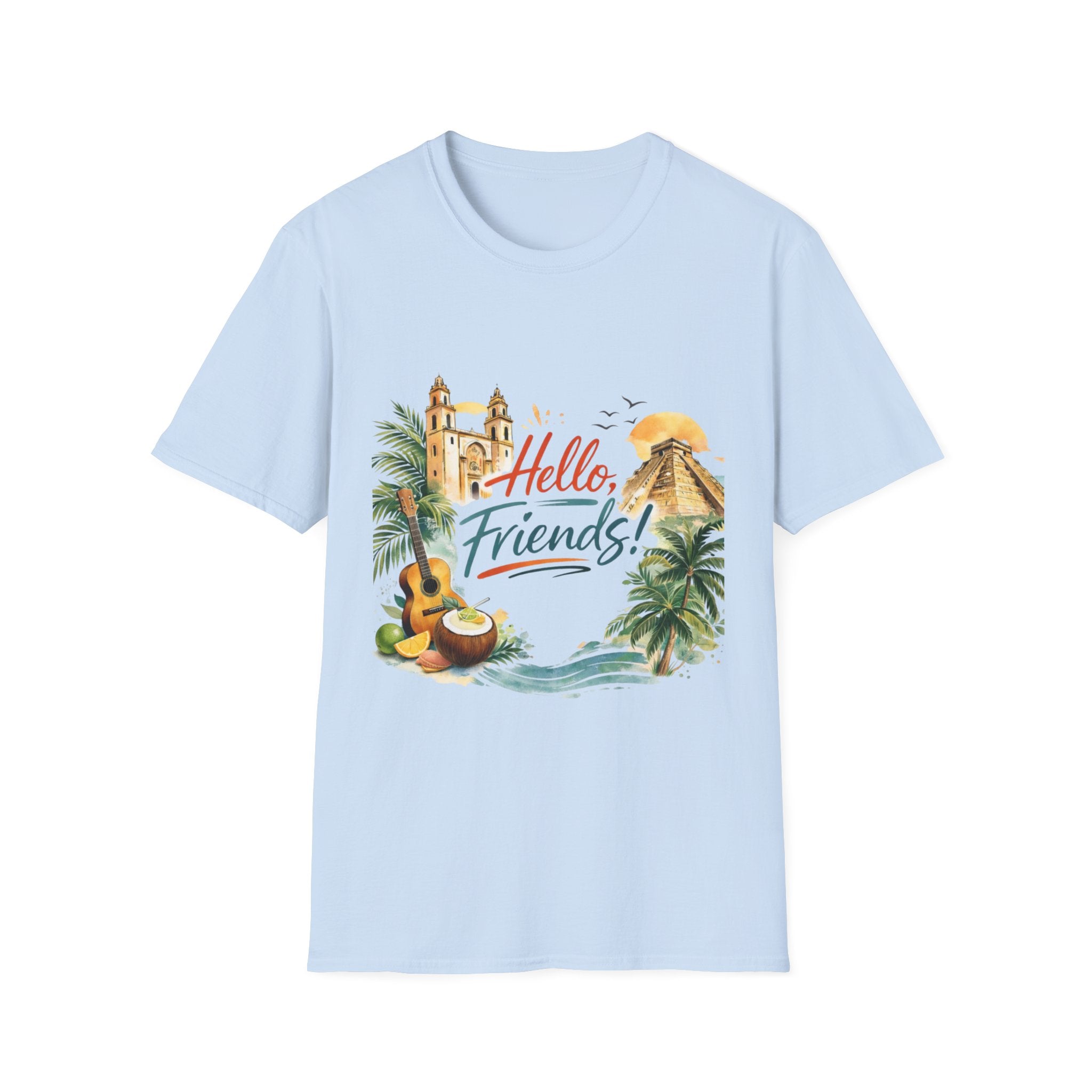 Hello Friends Tropical T-Shirt — Vacation Beach Guitar Graphic Tee