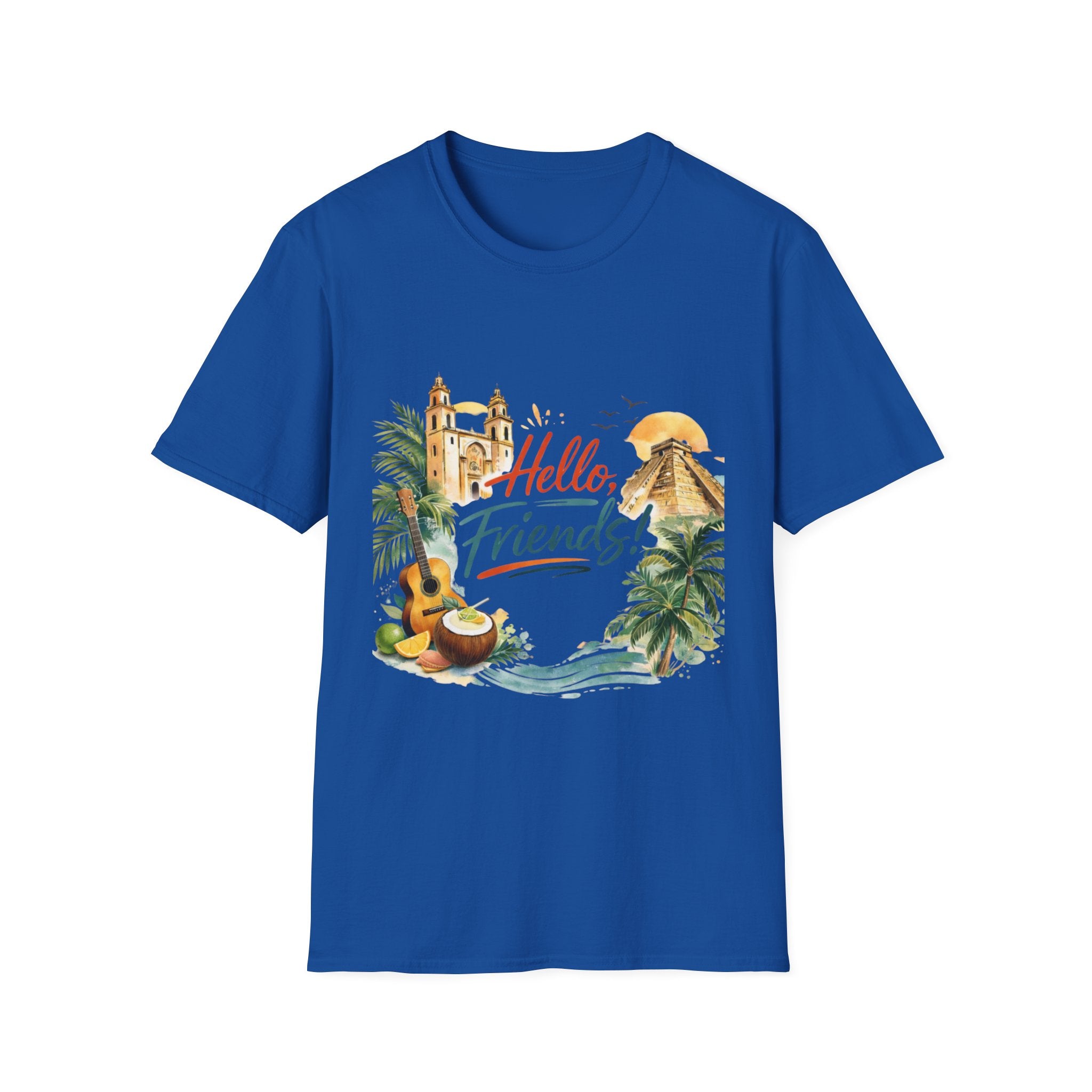 Hello Friends Tropical T-Shirt — Vacation Beach Guitar Graphic Tee