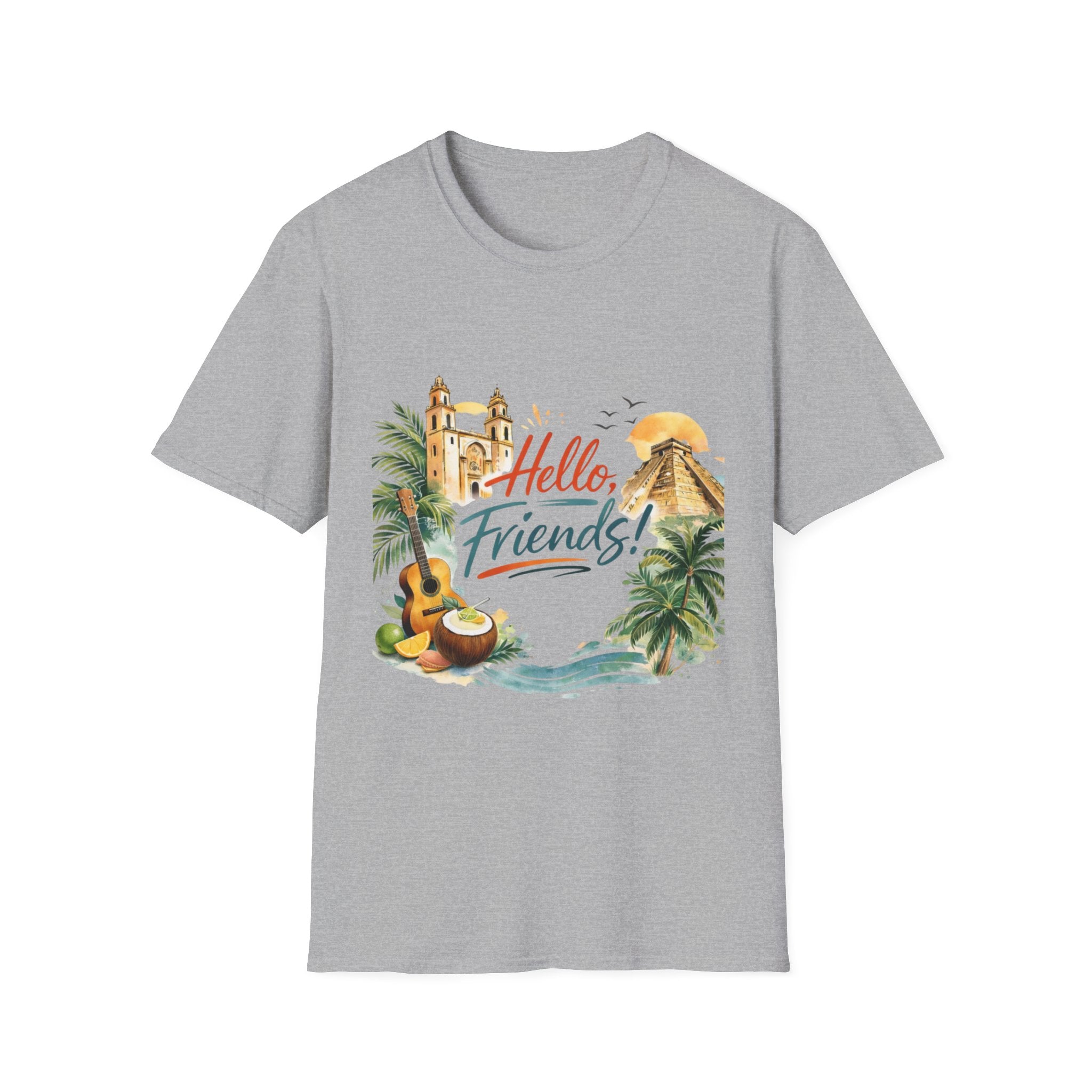 Hello Friends Tropical T-Shirt — Vacation Beach Guitar Graphic Tee
