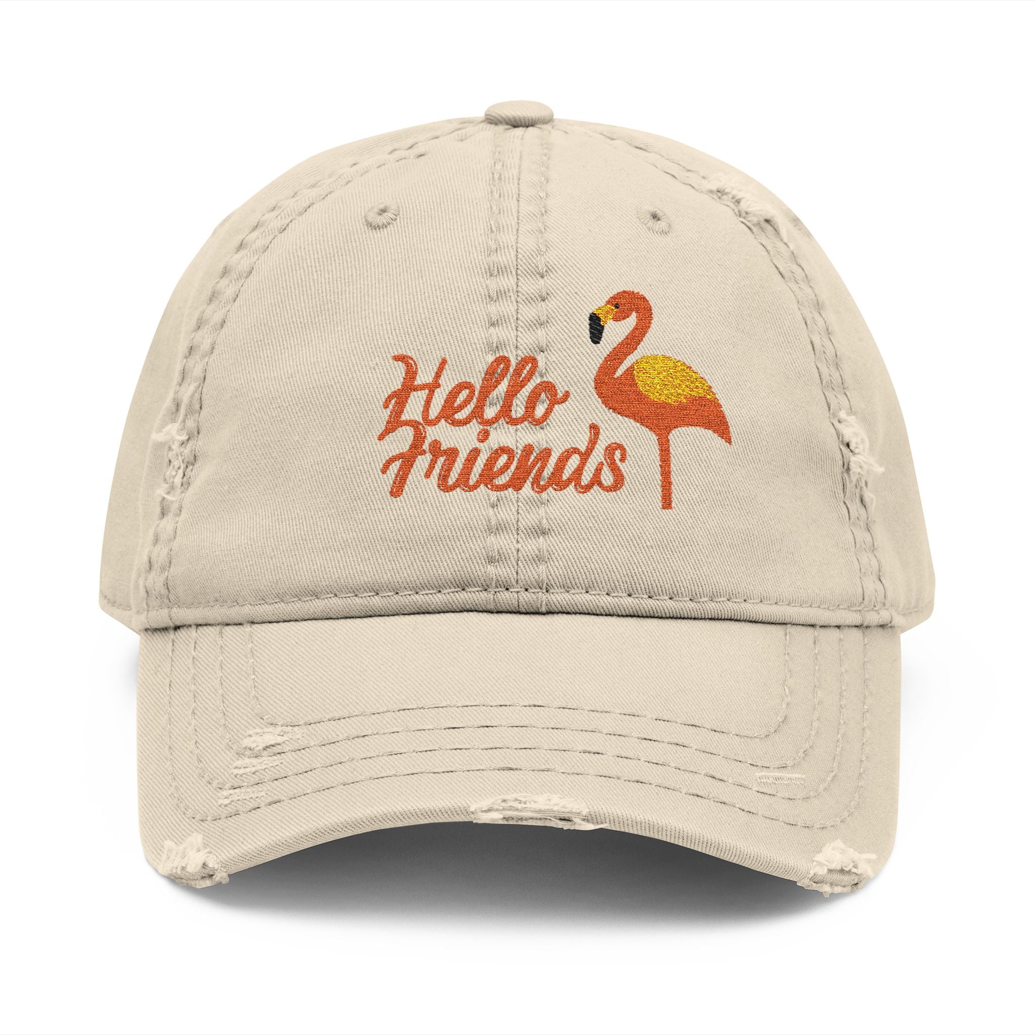Embroidered 'Hello Friends' Flamingo Distressed Dad Hat