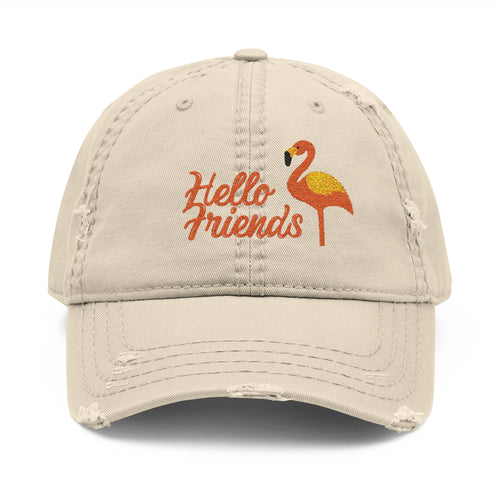 Embroidered 'Hello Friends' Flamingo Distressed Dad Hat