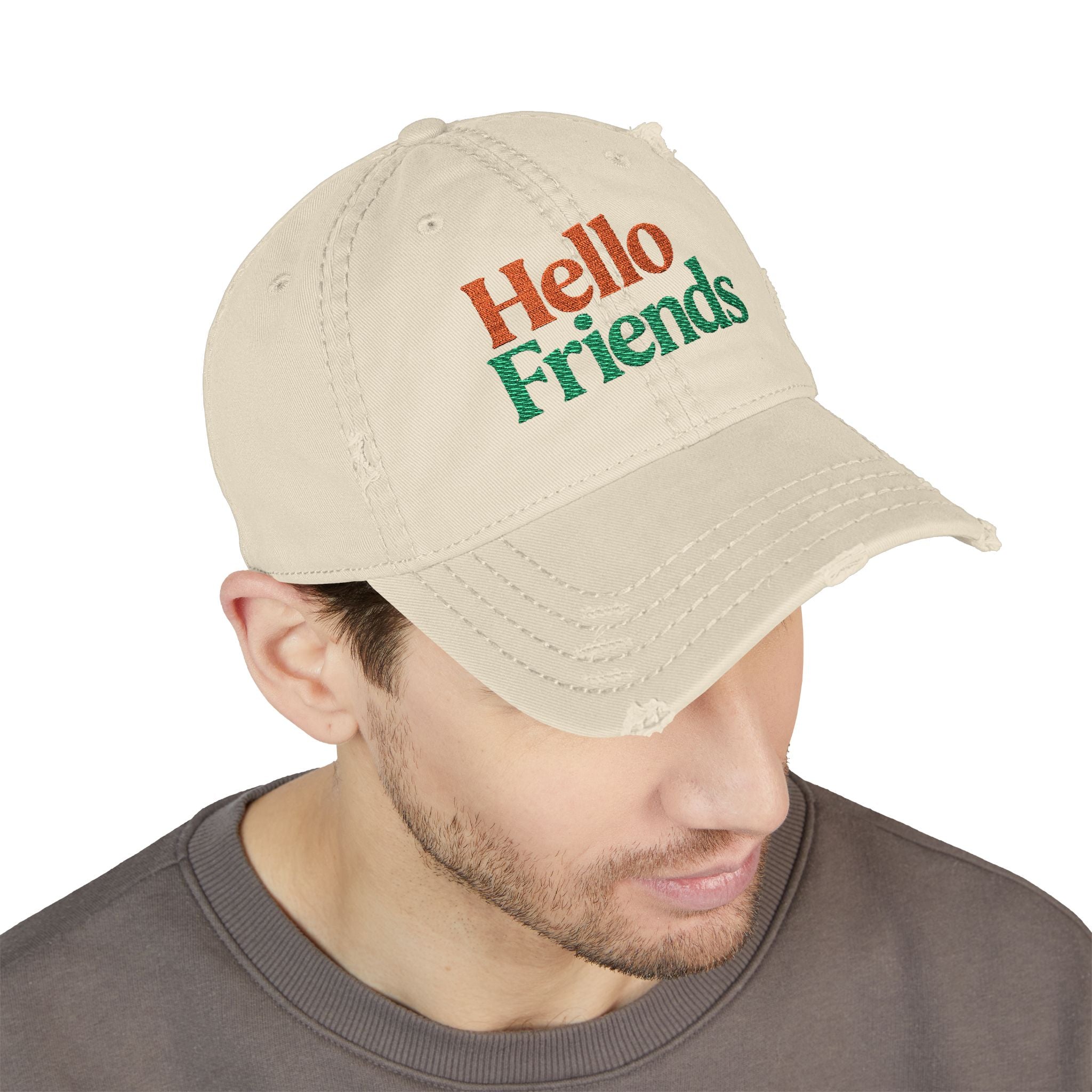 Hello Friends Embroidered Distressed Dad Hat