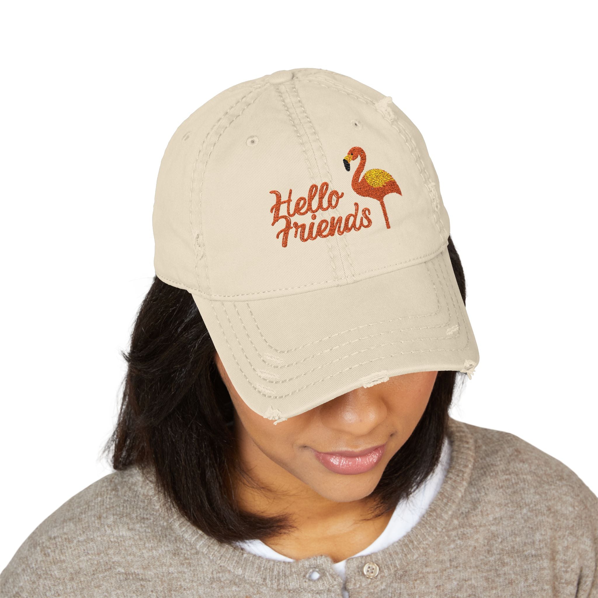 Embroidered 'Hello Friends' Flamingo Distressed Dad Hat