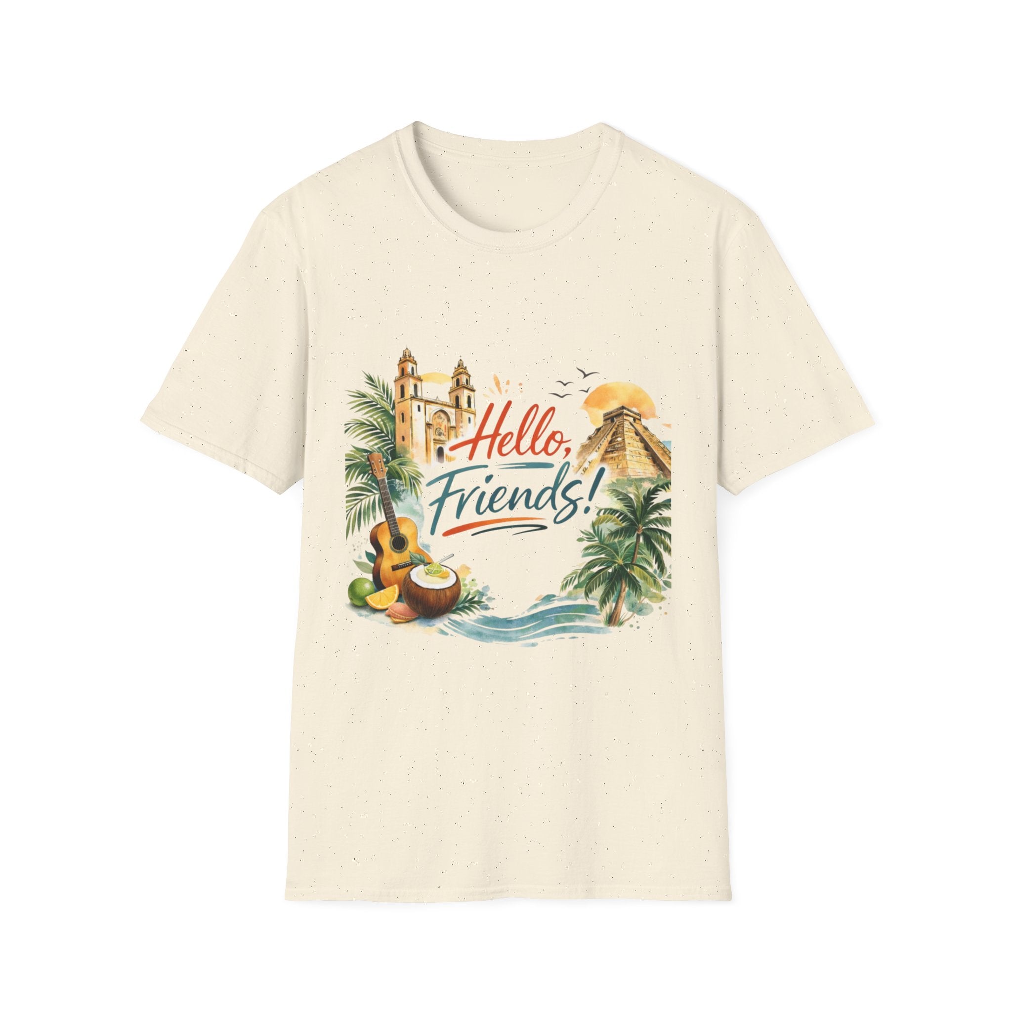 Hello Friends Tropical T-Shirt — Vacation Beach Guitar Graphic Tee