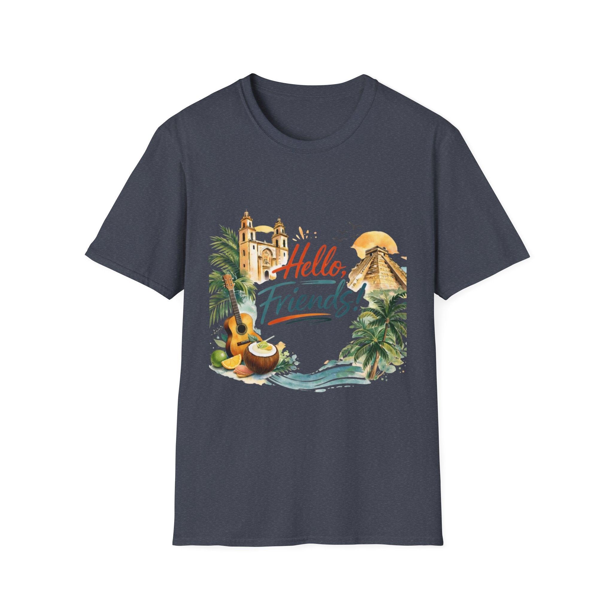 Hello Friends Tropical T-Shirt — Vacation Beach Guitar Graphic Tee