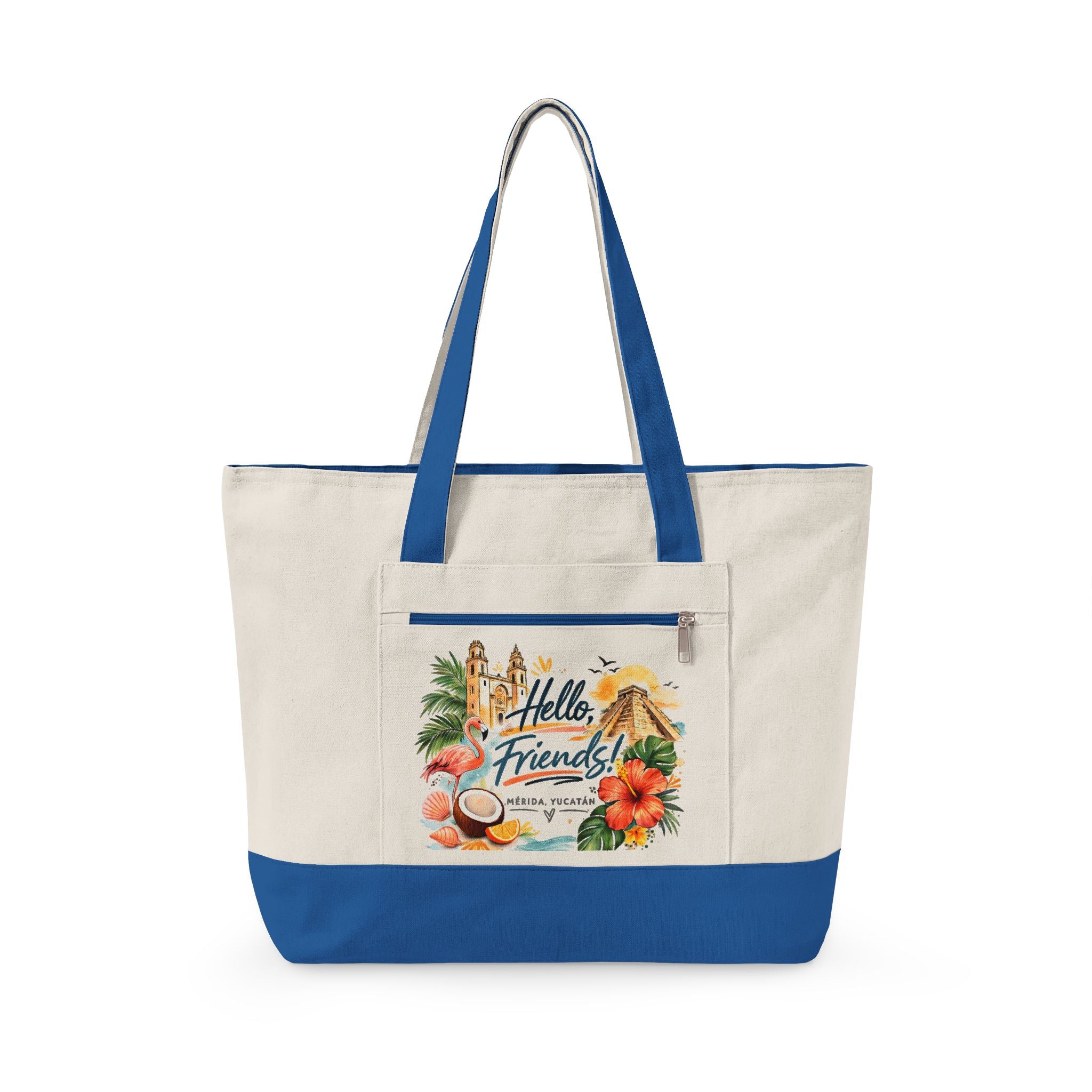 Canvas Tote — "Hello Friends" Tropical Beach Zip Tote