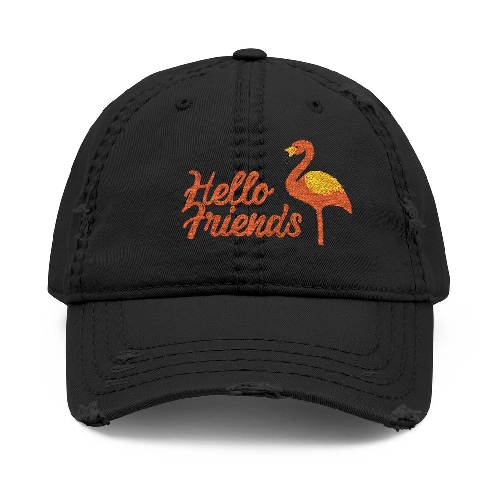 Embroidered 'Hello Friends' Flamingo Distressed Dad Hat