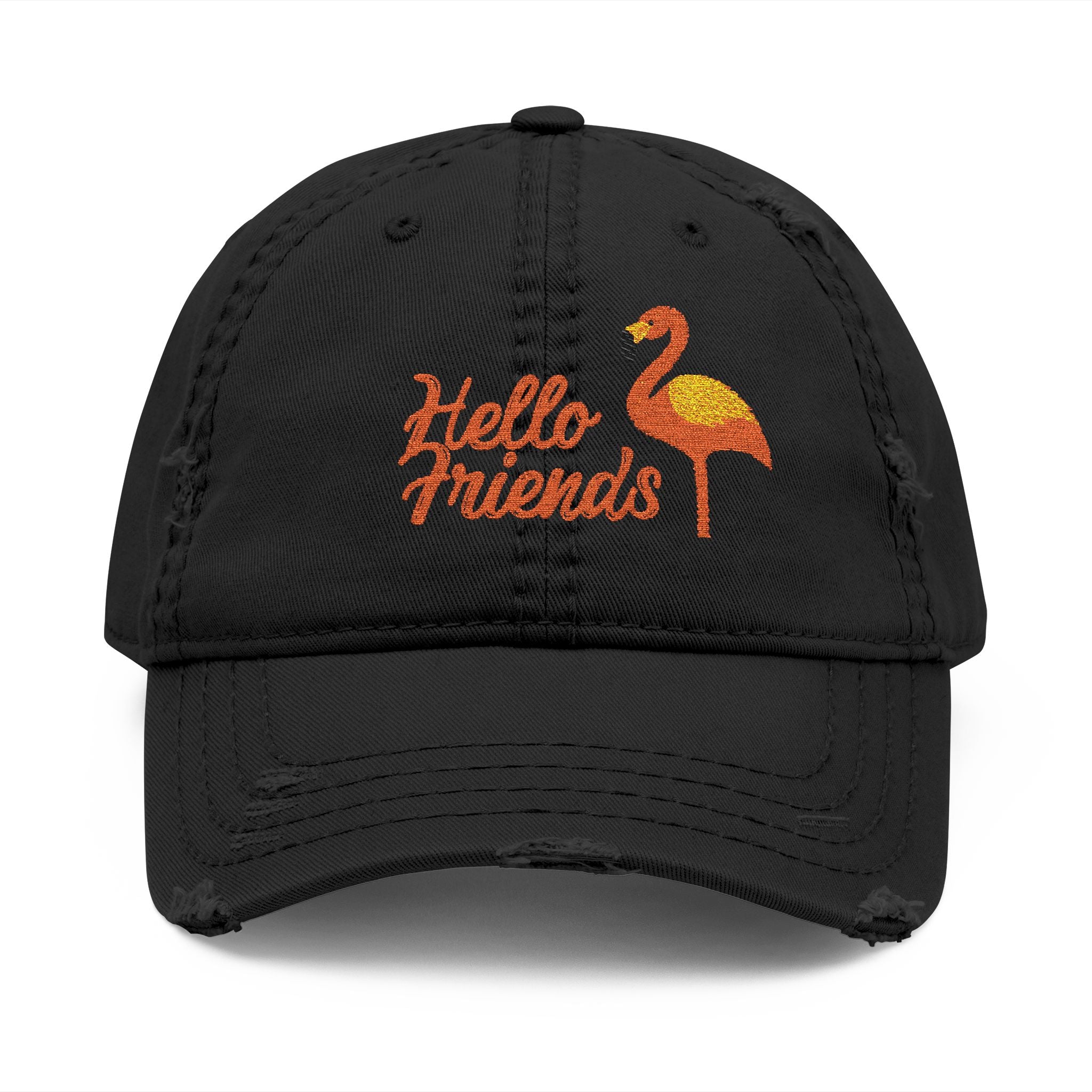 Embroidered 'Hello Friends' Flamingo Distressed Dad Hat