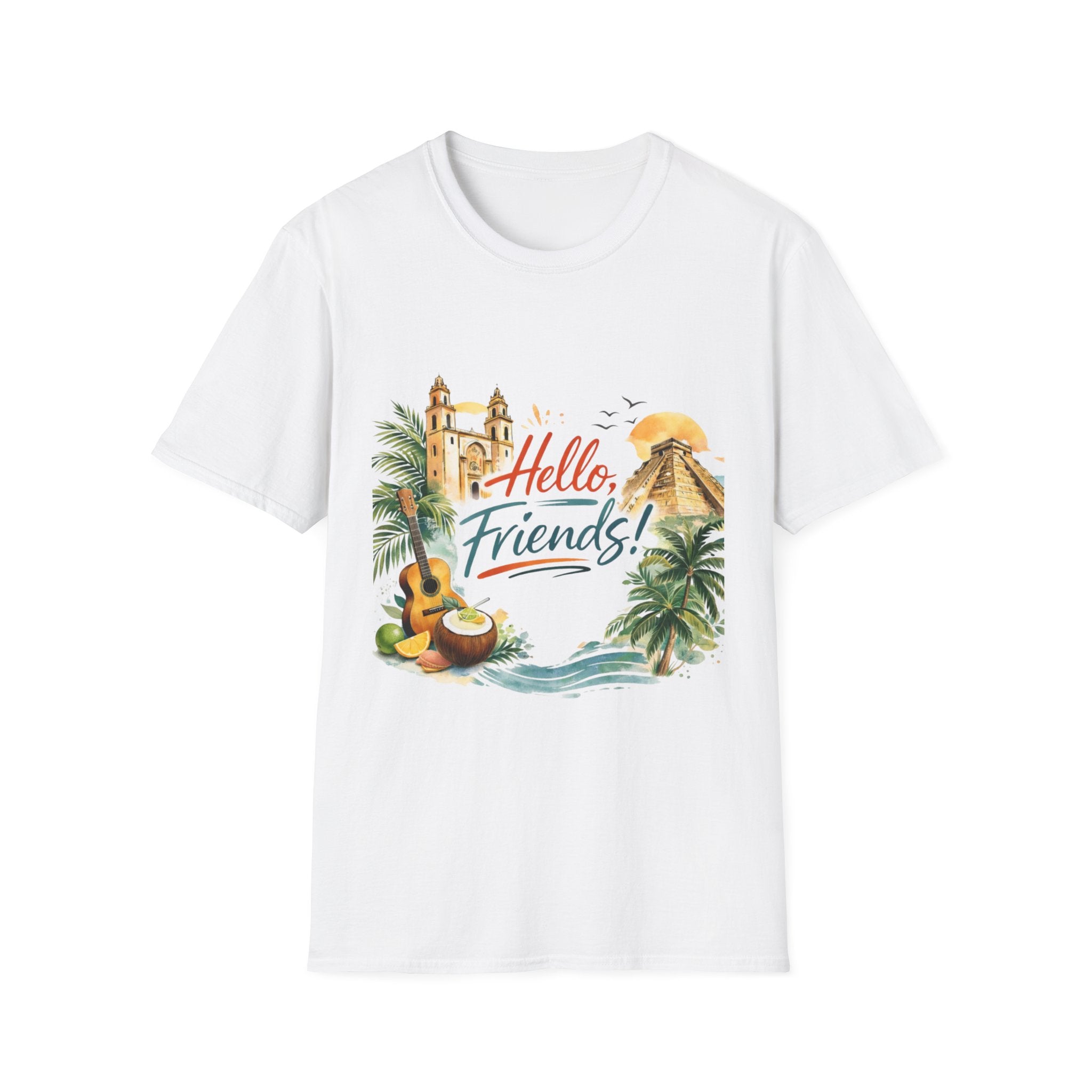 Hello Friends Tropical T-Shirt — Vacation Beach Guitar Graphic Tee