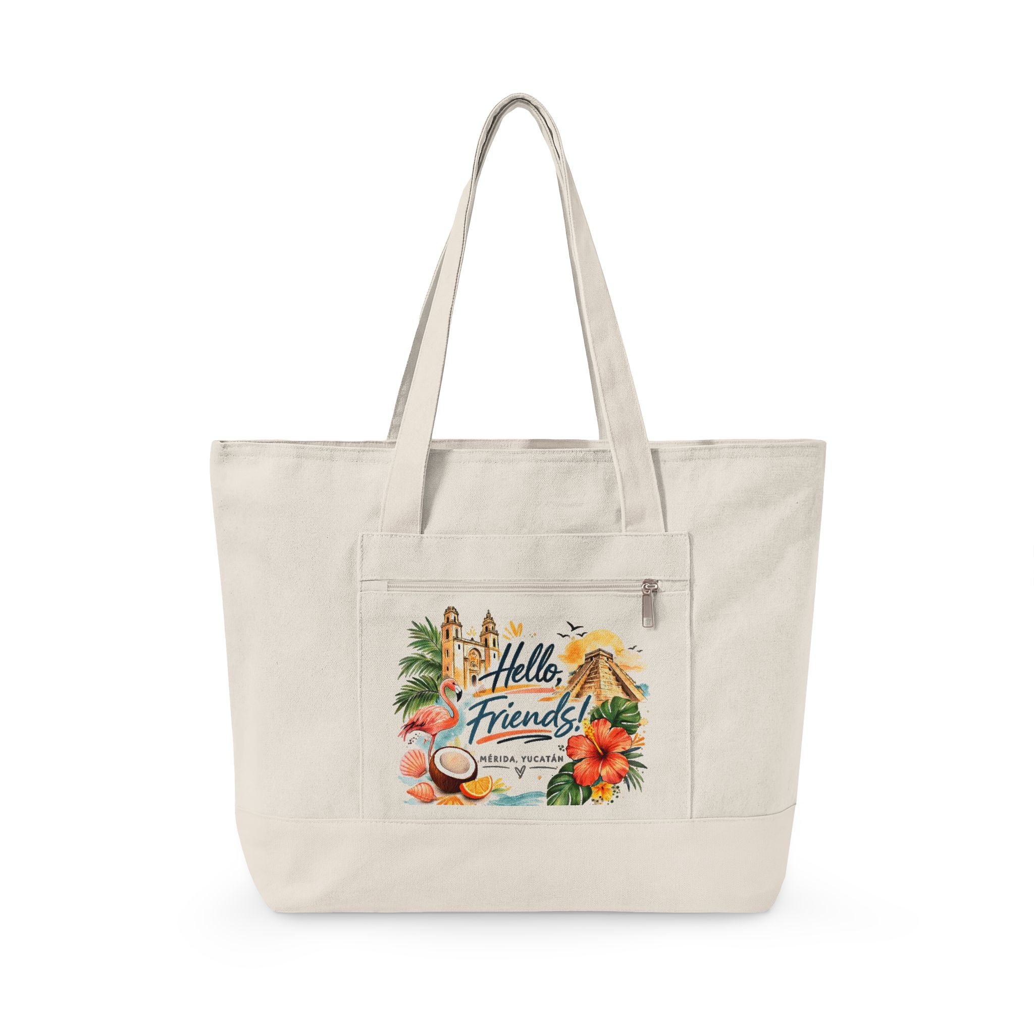 Canvas Tote — "Hello Friends" Tropical Beach Zip Tote
