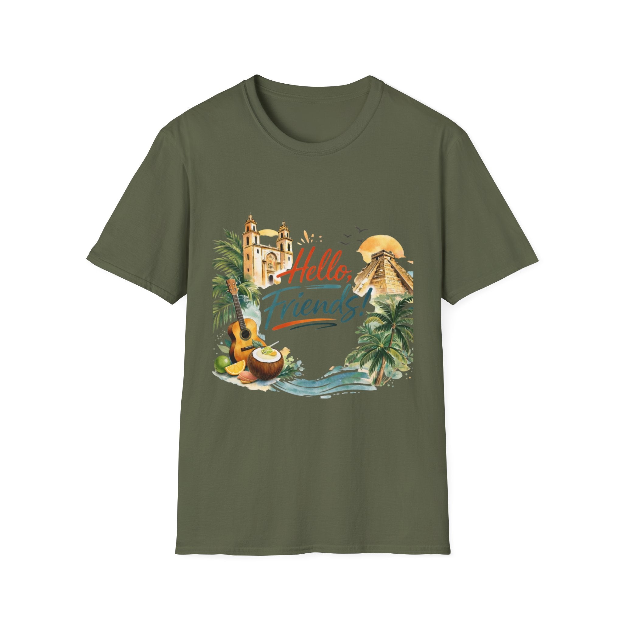 Hello Friends Tropical T-Shirt — Vacation Beach Guitar Graphic Tee
