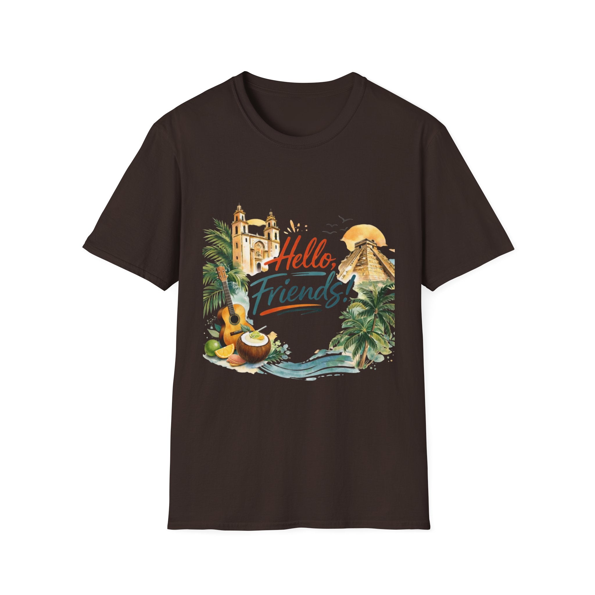 Hello Friends Tropical T-Shirt — Vacation Beach Guitar Graphic Tee