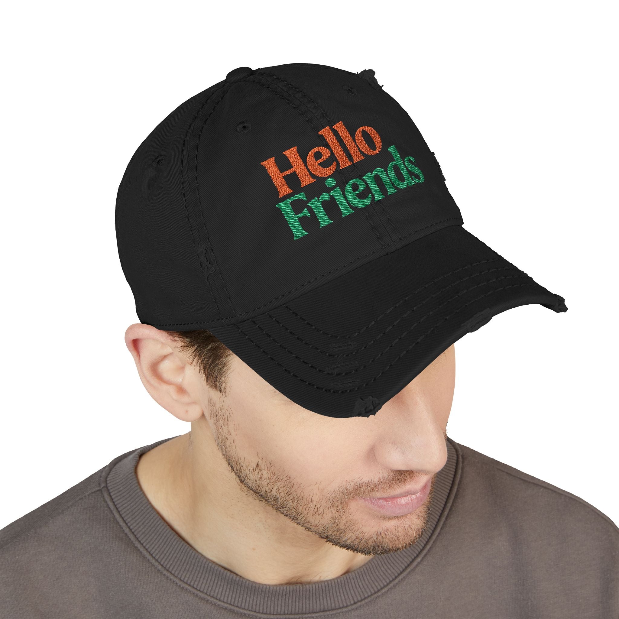 Hello Friends Embroidered Distressed Dad Hat