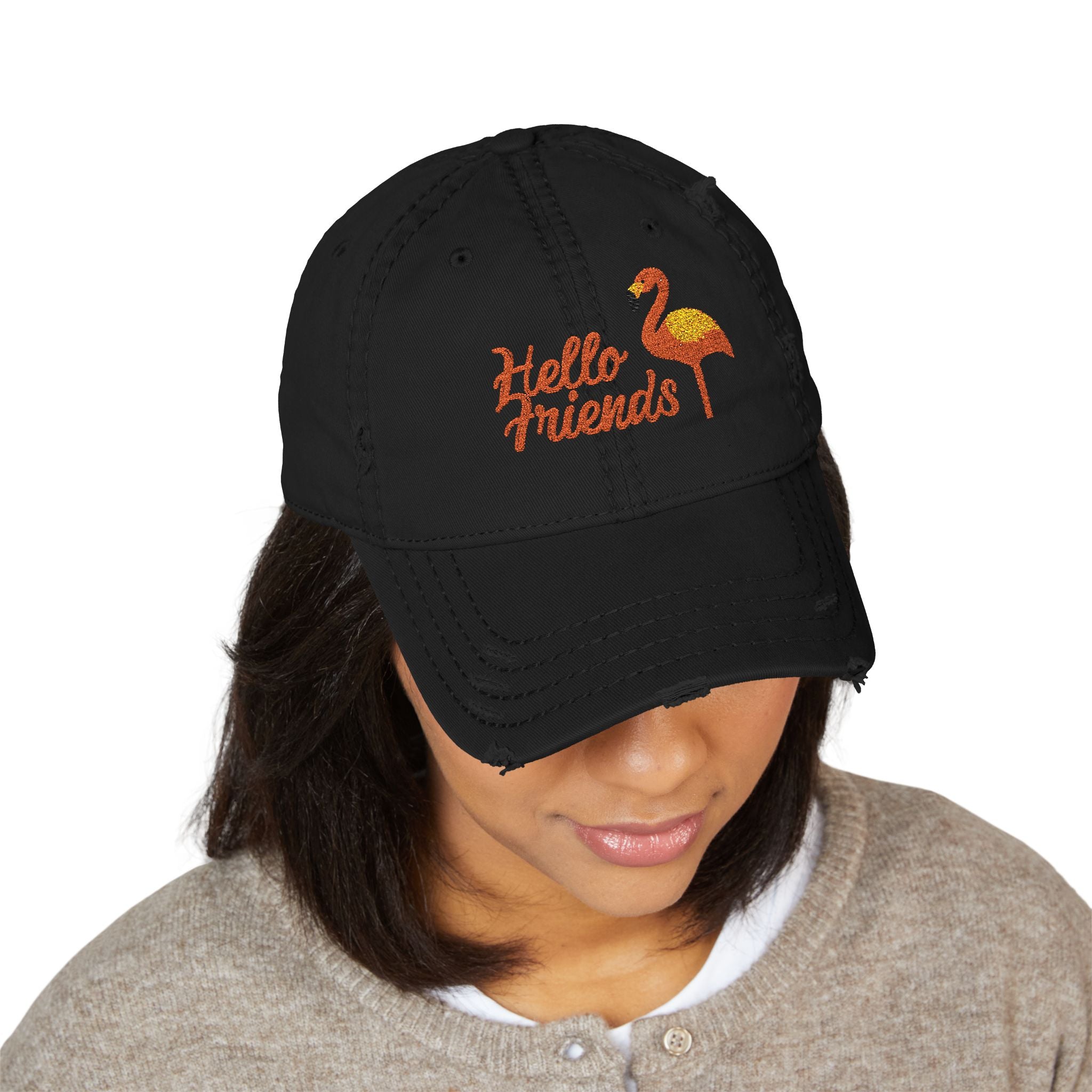 Embroidered 'Hello Friends' Flamingo Distressed Dad Hat
