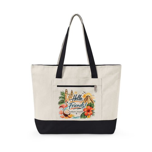 Canvas Tote — "Hello Friends" Tropical Beach Zip Tote