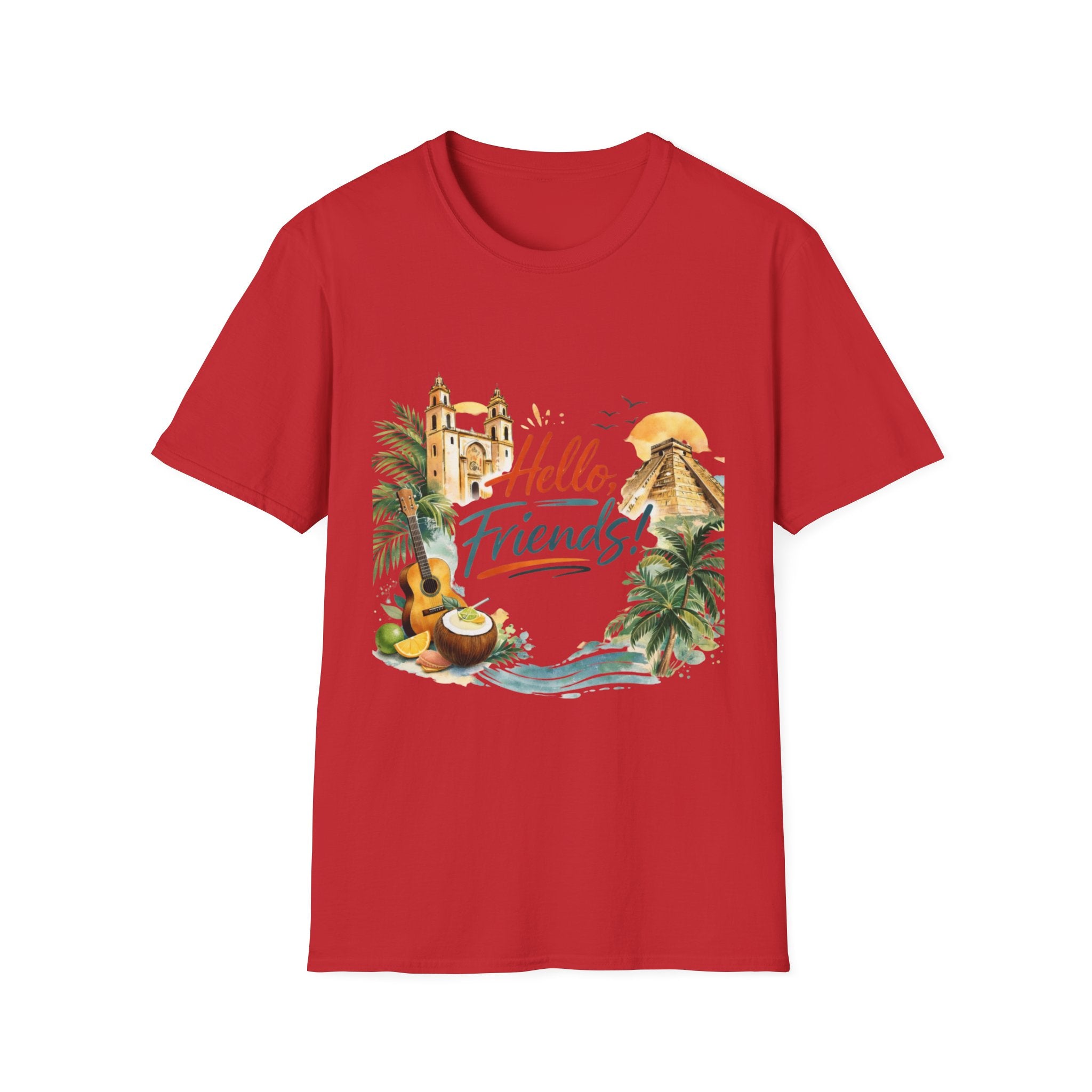 Hello Friends Tropical T-Shirt — Vacation Beach Guitar Graphic Tee