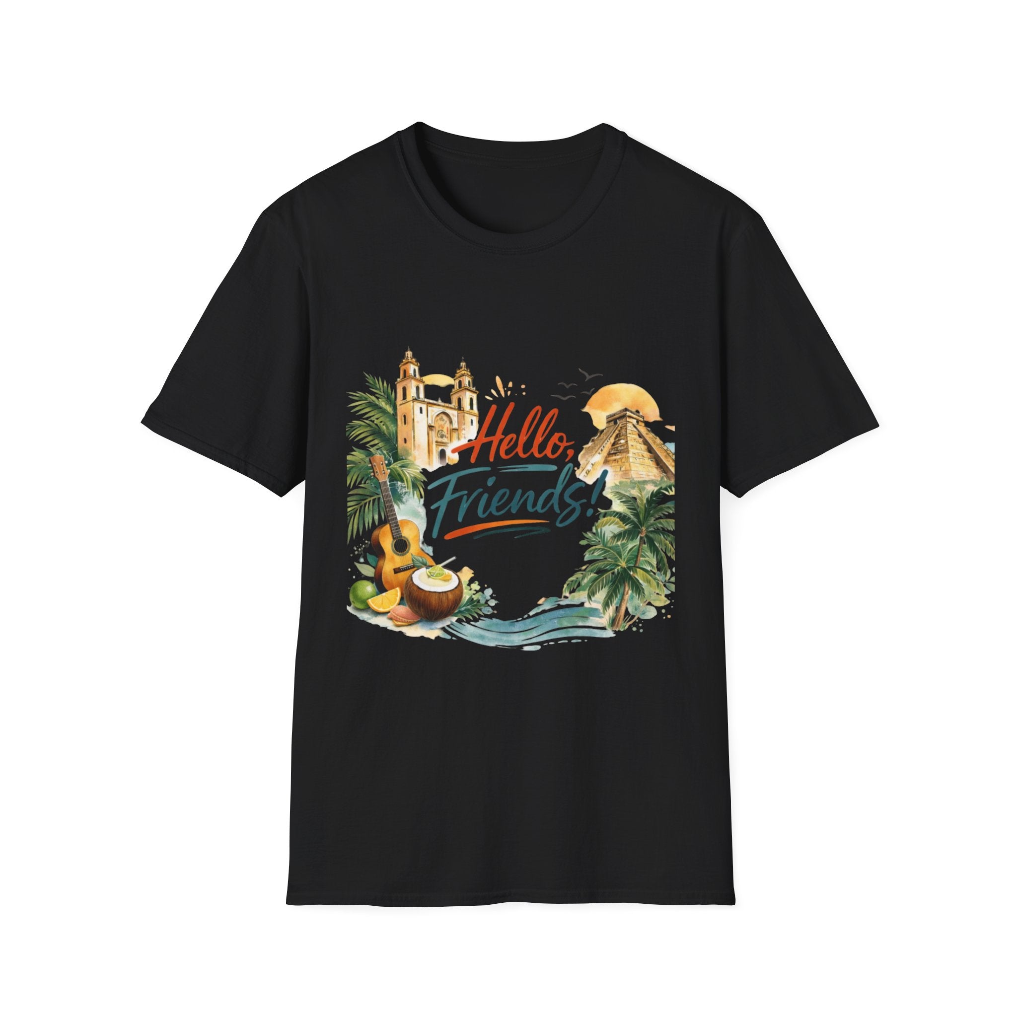 Hello Friends Tropical T-Shirt — Vacation Beach Guitar Graphic Tee