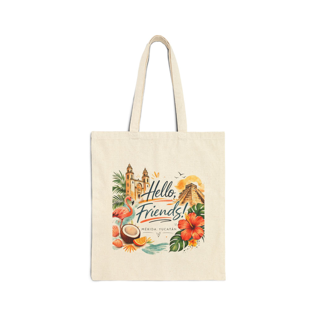 Tote Bag — "Hello, Friends!" Tropical Vacation Canvas Tote (Flamingo, Hibiscus & Coconut)