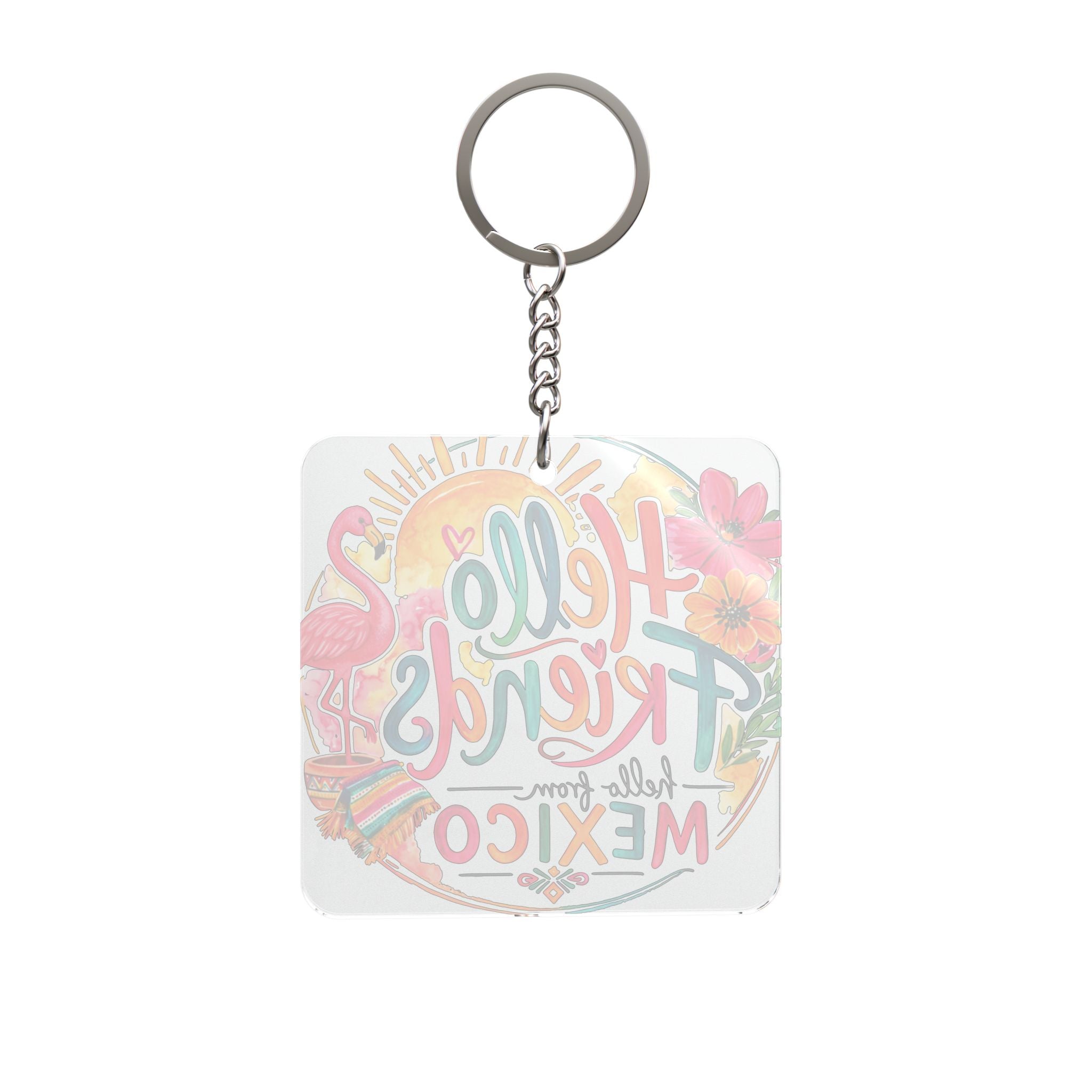 Hello Friends From Mexico Square Keychain – Colorful Travel Souvenir