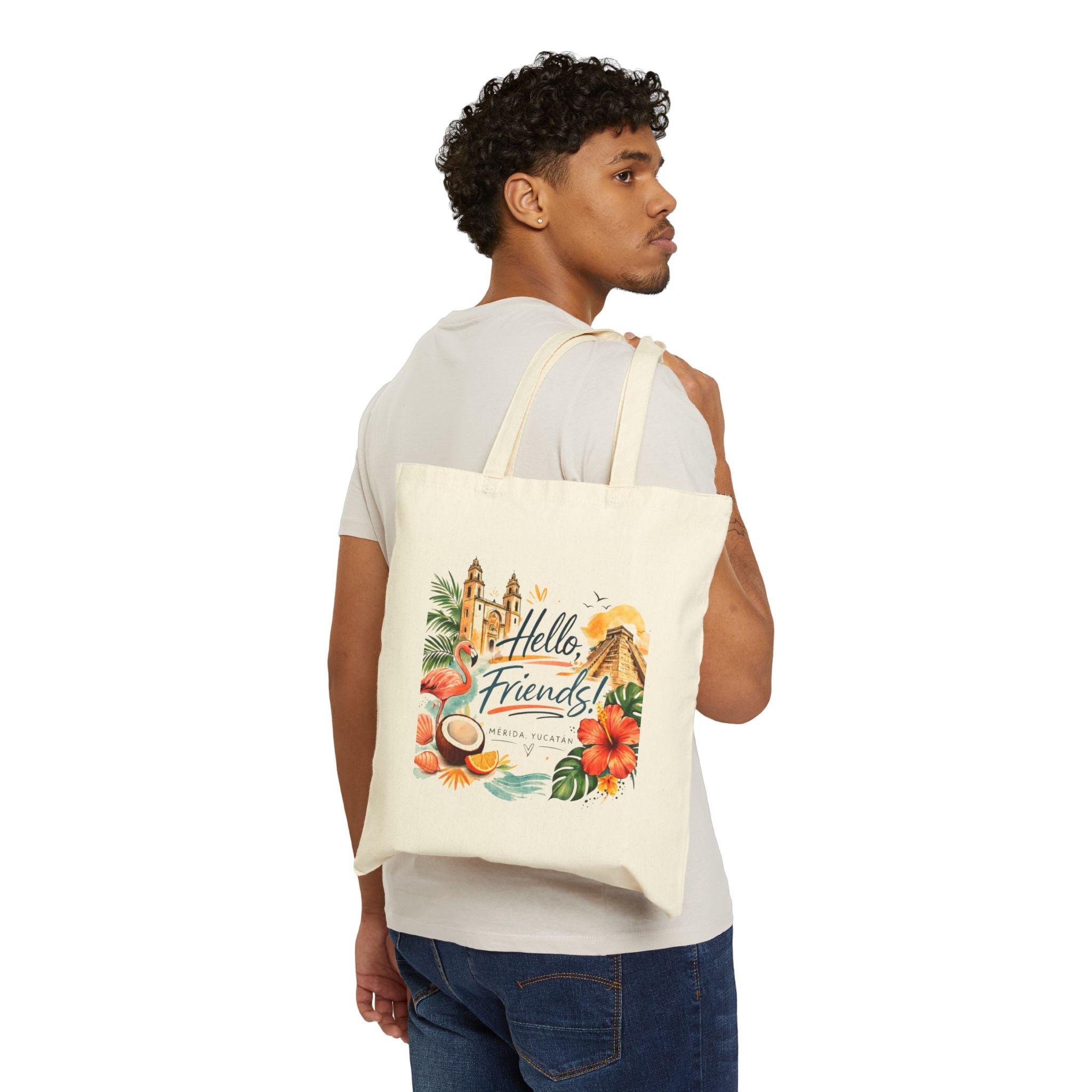 Tote Bag — "Hello, Friends!" Tropical Vacation Canvas Tote (Flamingo, Hibiscus & Coconut)