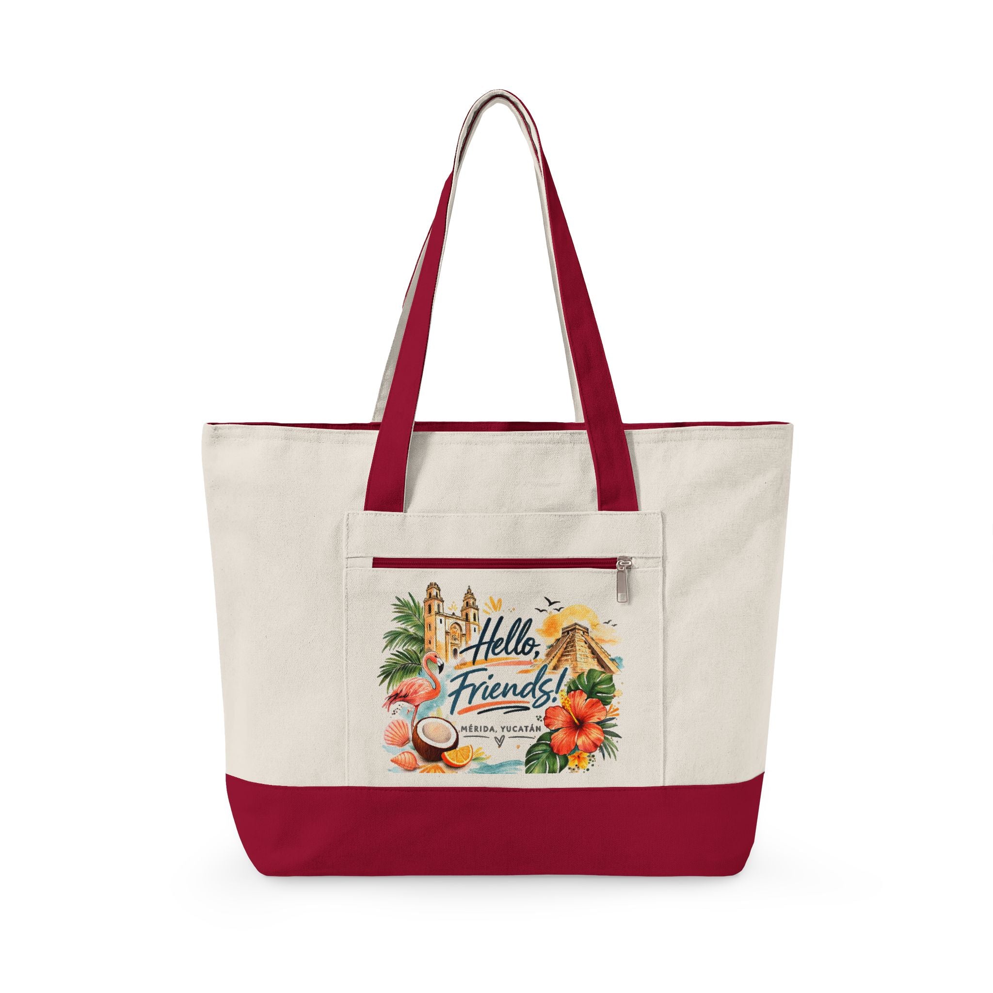 Canvas Tote — "Hello Friends" Tropical Beach Zip Tote