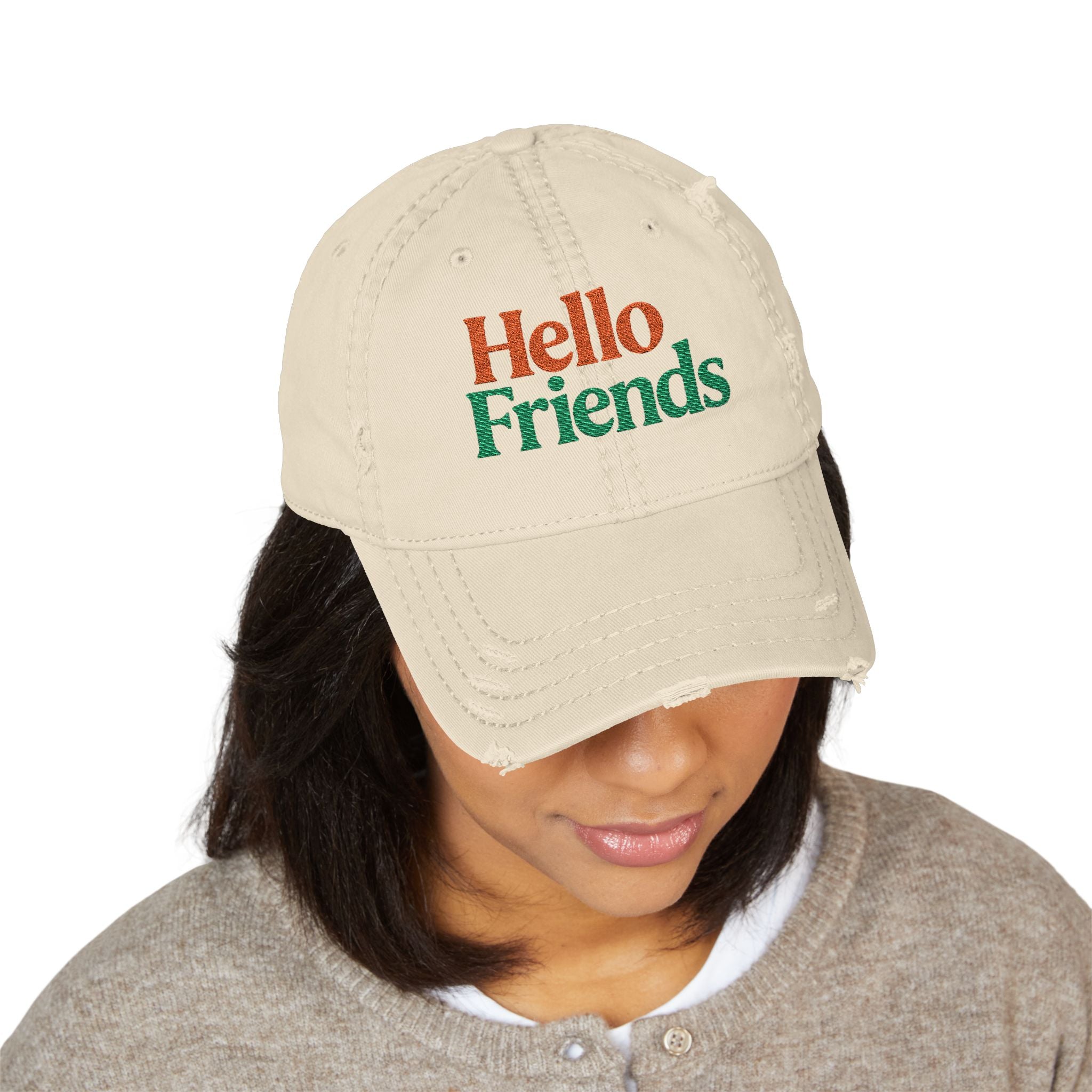 Hello Friends Embroidered Distressed Dad Hat