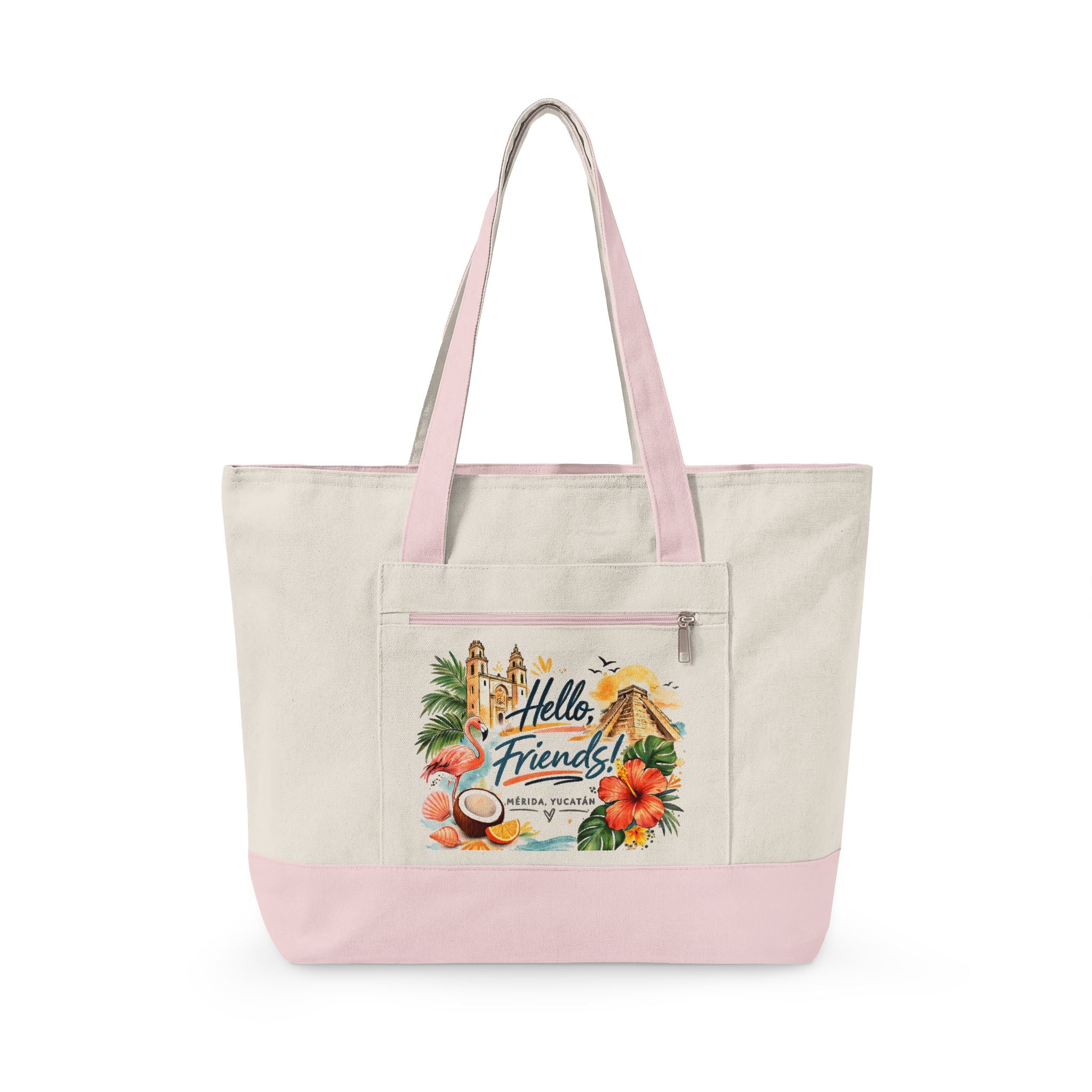 Canvas Tote — "Hello Friends" Tropical Beach Zip Tote