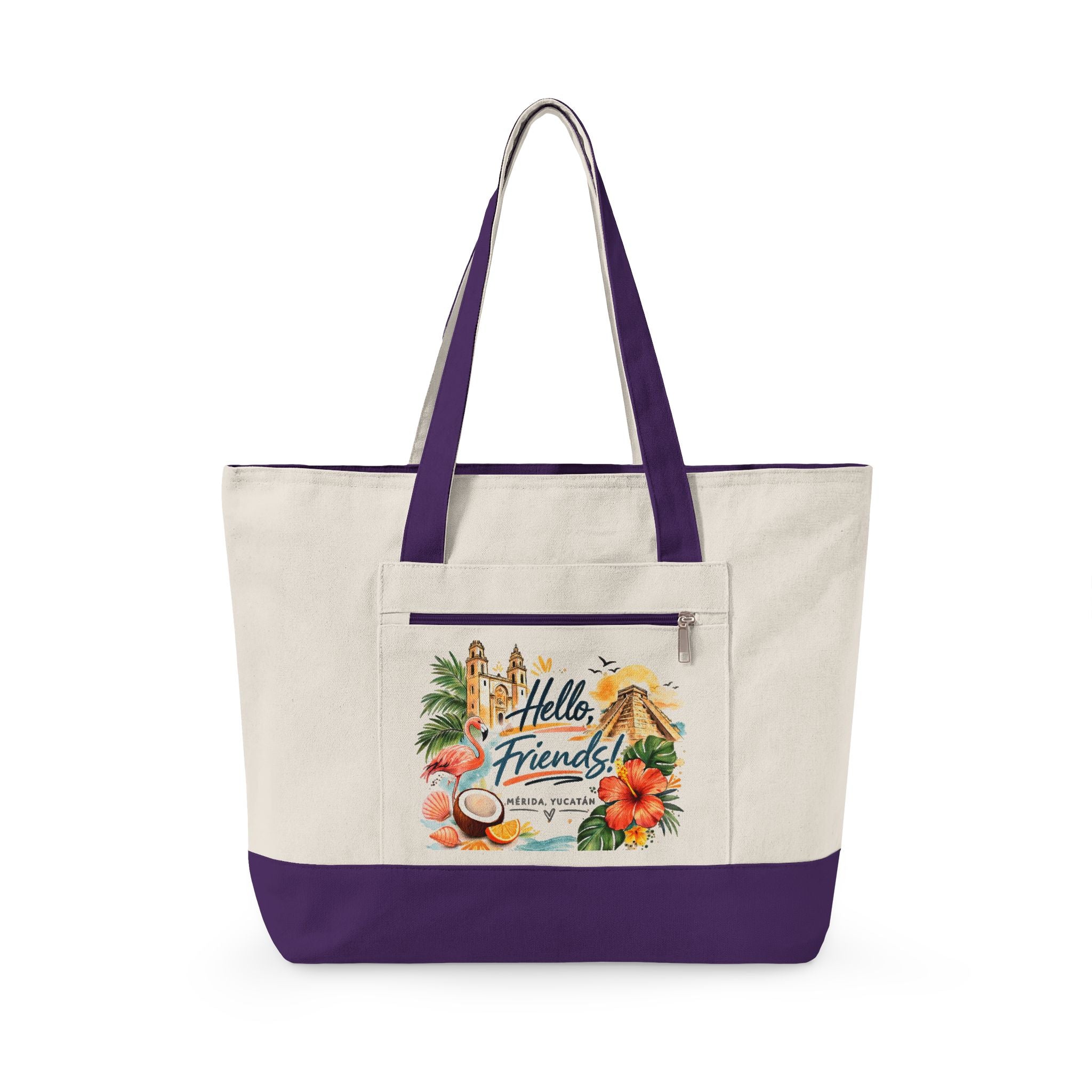 Canvas Tote — "Hello Friends" Tropical Beach Zip Tote