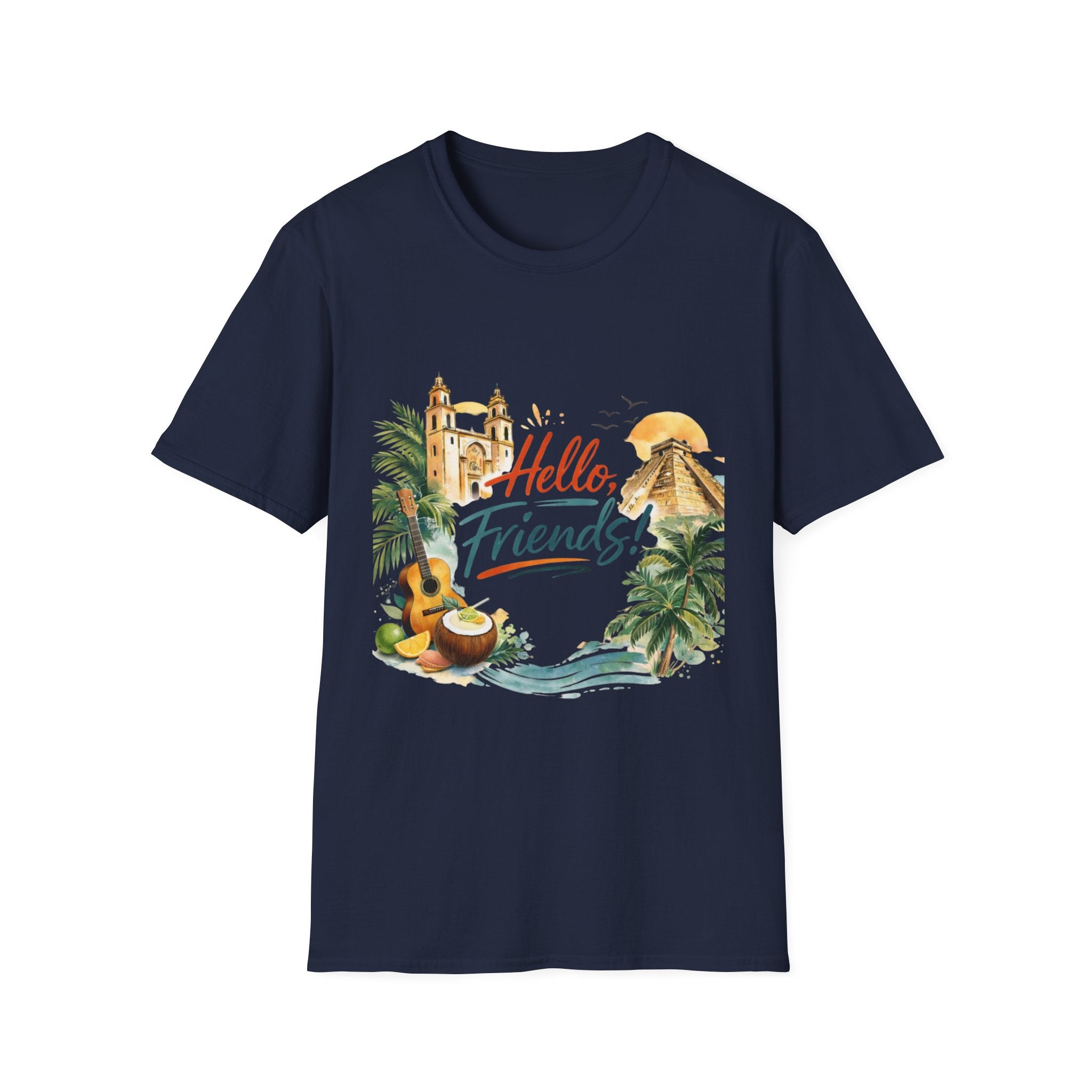 Hello Friends Tropical T-Shirt — Vacation Beach Guitar Graphic Tee