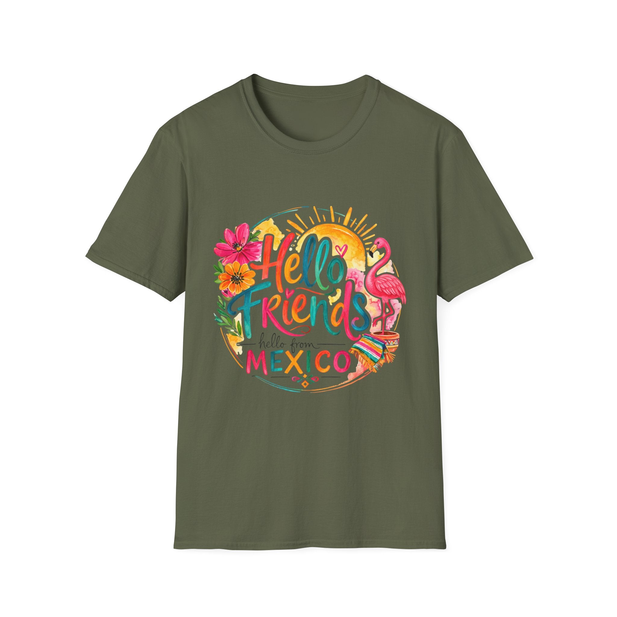 Hello Friends from Mexico T-Shirt — Tropical Flamingo Vacation Tee